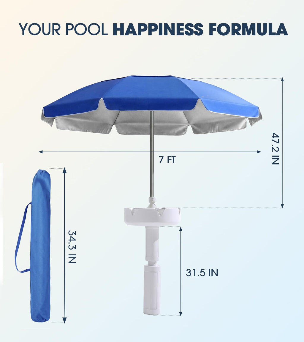 7-Foot Floating Pool Umbrella (Includes Base and Cup Holder) – Portable In-Pool/Poolside Umbrella with Carry Bag